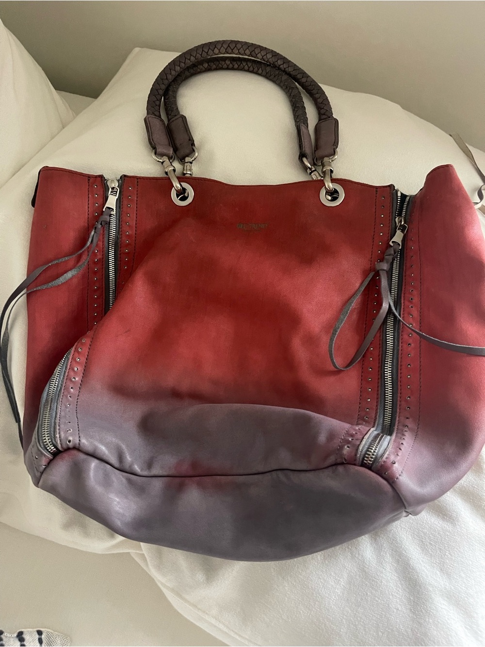 Two-Tone Red and Gray Leather Tote Bag with Braided Handles